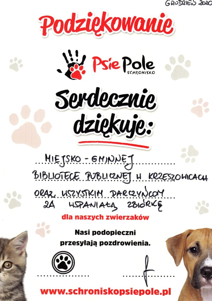 dyplom od schroniska psie pole dla biblioteki