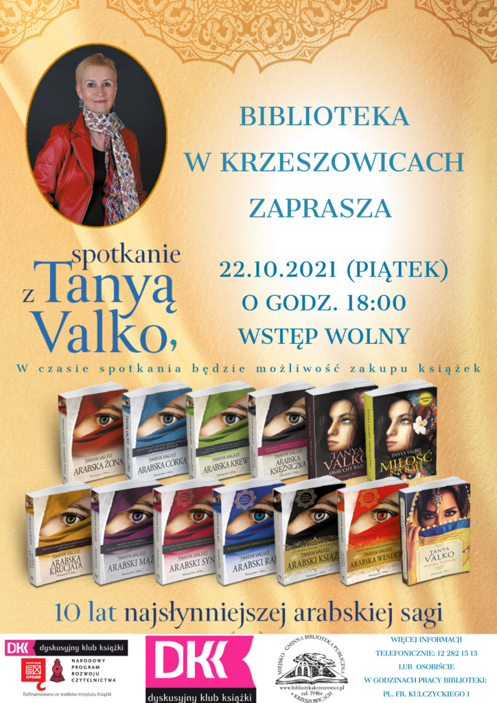 plakat informujący o spotkaniu autorskim z Tanyą Valko w krzeszowickiej bibliotece