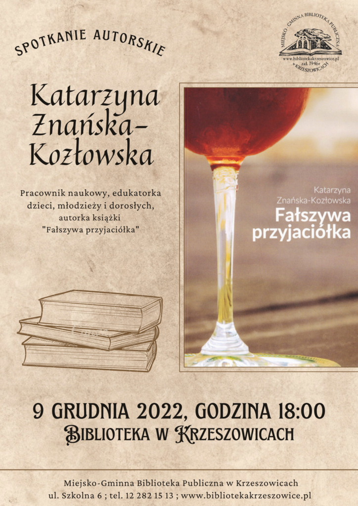 grafika przestawia plakat spotkania autorskiego Katarzyny Znańskiej-Kozłowskiej