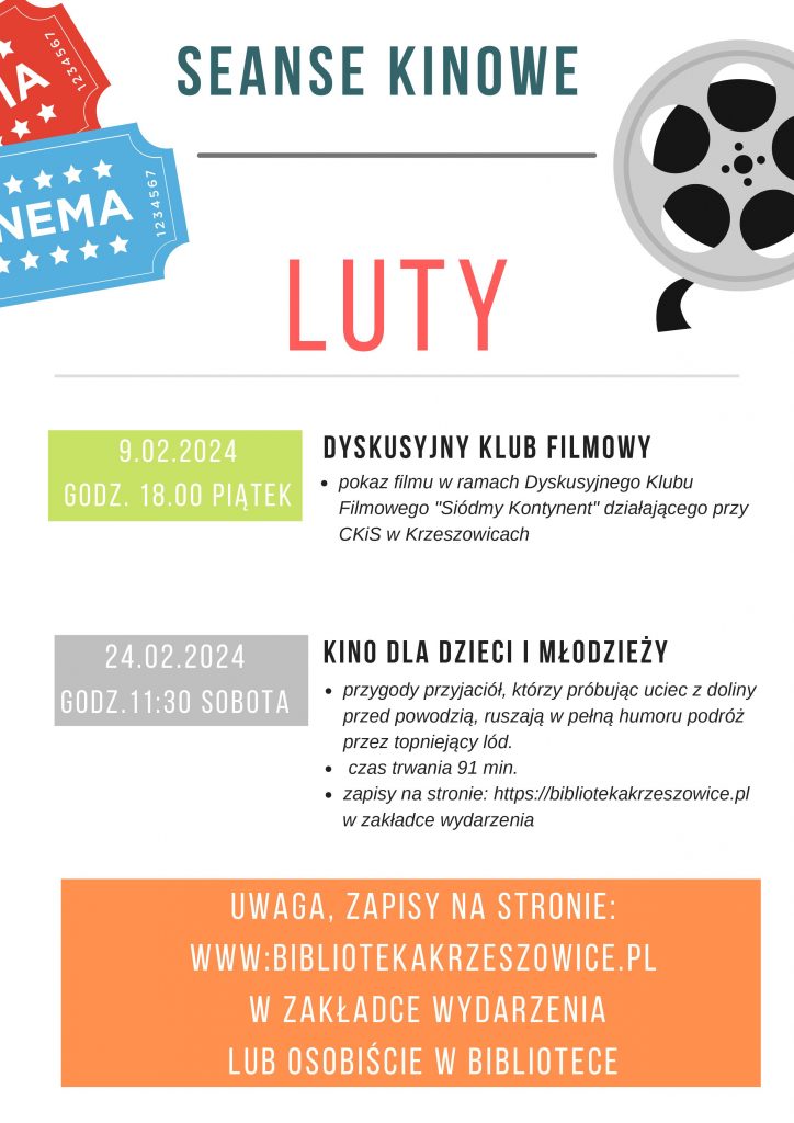 grafika przedstawia plakat z repertuarem filmowym na luty 2024