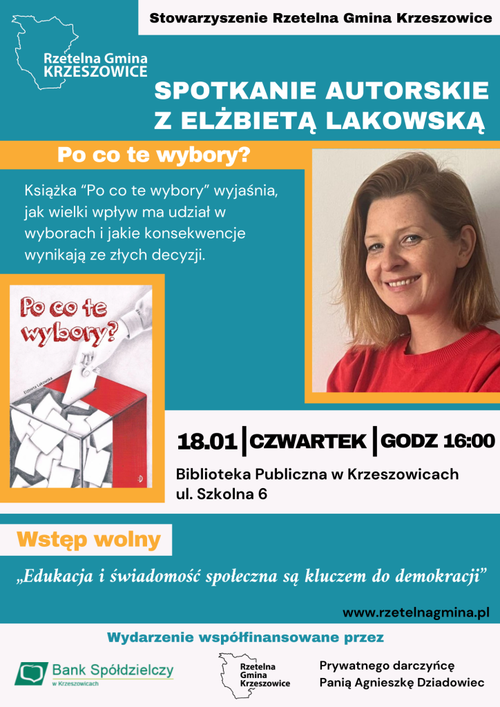 grafika przedstawia plakat spotkania autorskiego z Elżbietą Lakowską