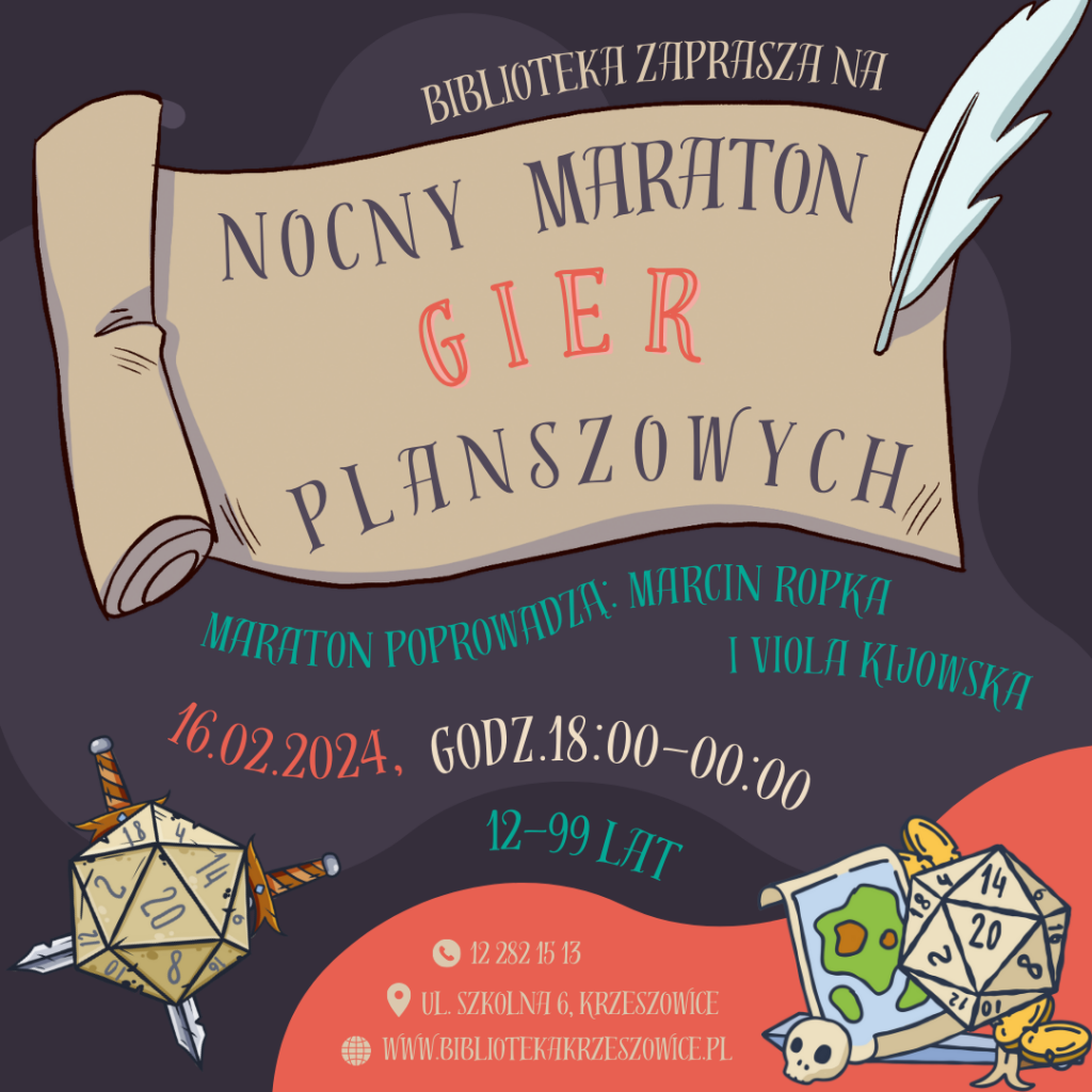 grafika przedstawia afisz Nocnego Maratonu Gier Planszowych w bibliotece