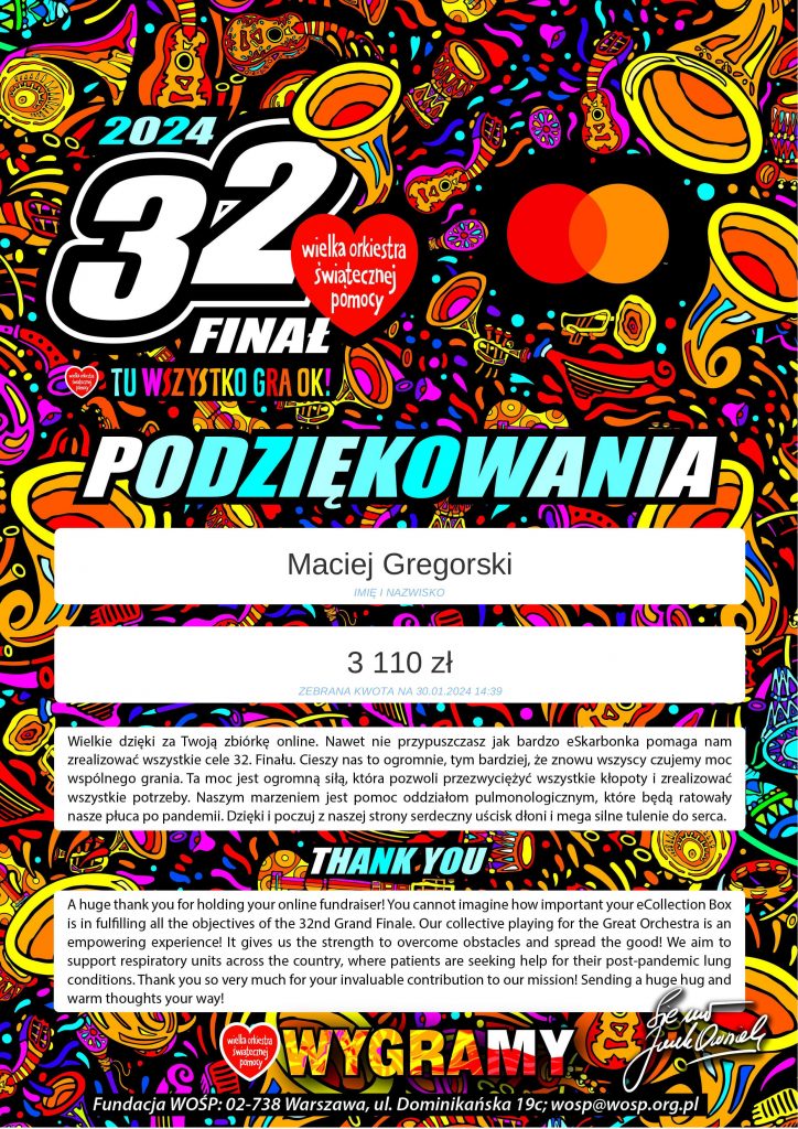 grafika przedstawia podziękowanie za udział w zbiórce 32. Finału Wielkiej Orkiestry Świątecznej Pomocy