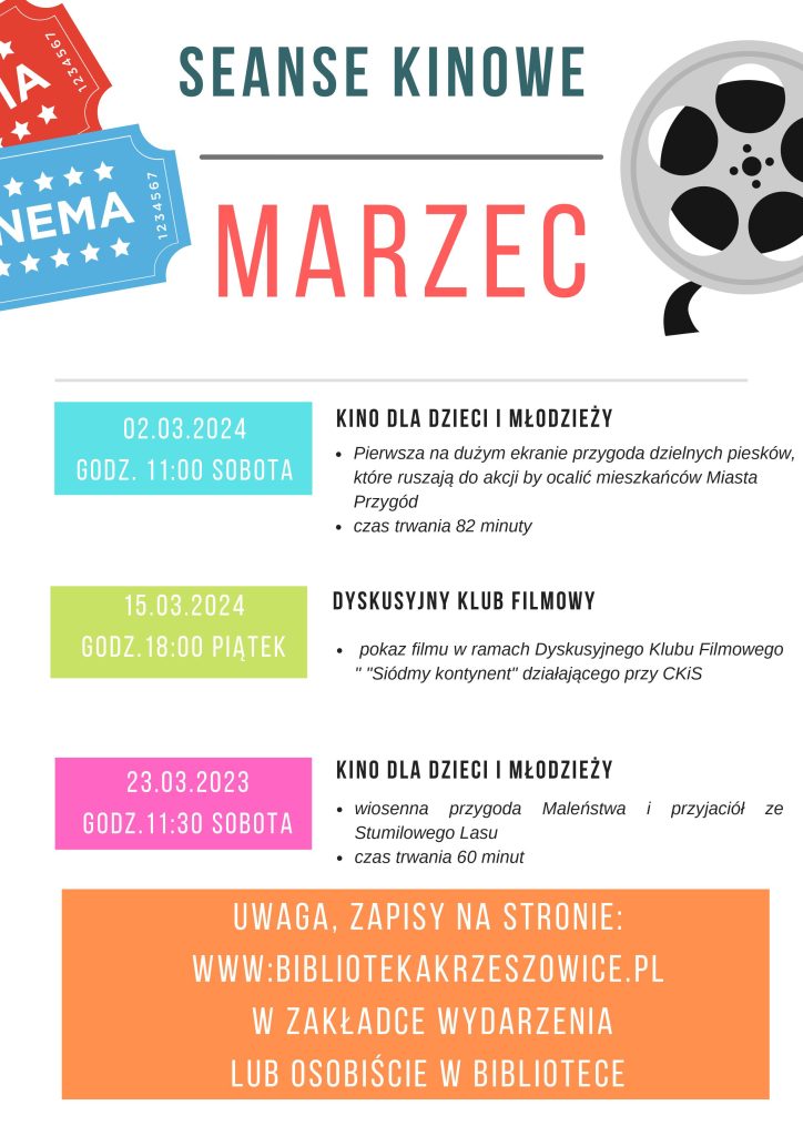 grafika przedstawia plakat z repertuarem filmowym na marzec 2024