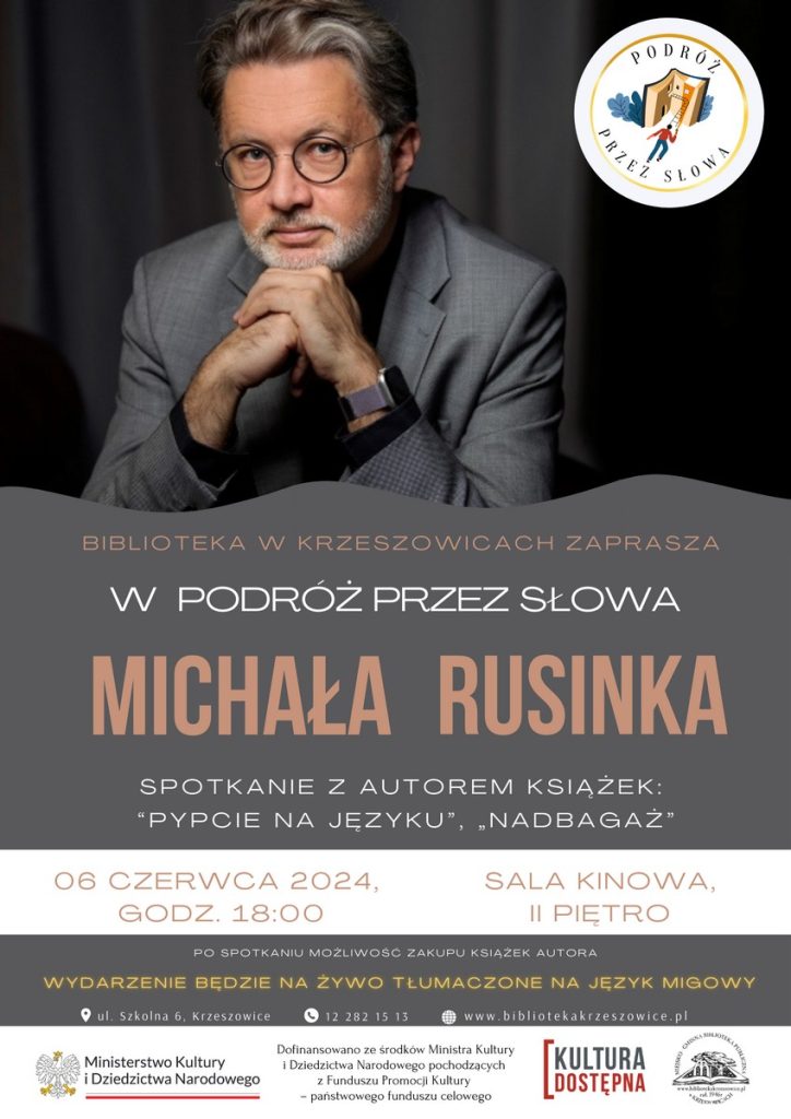 grafika przedstawia plakat spotkania autorskiego z Michałem Rusinkiem