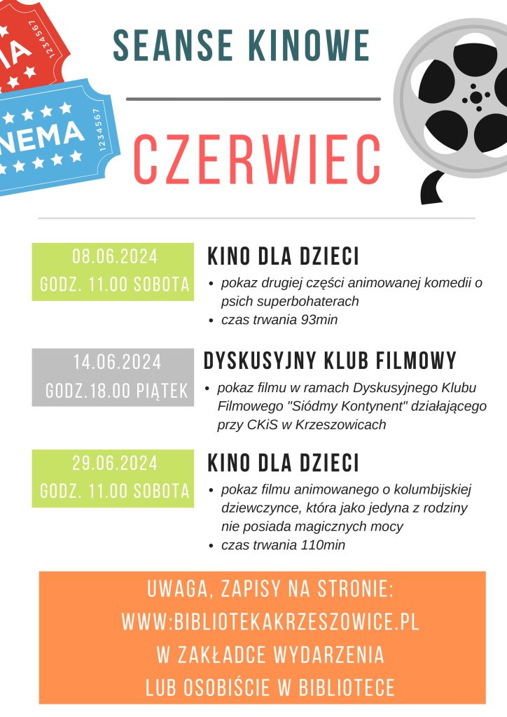 grafika przedstawia plakat z repertuarem filmowym na czerwiec 2024