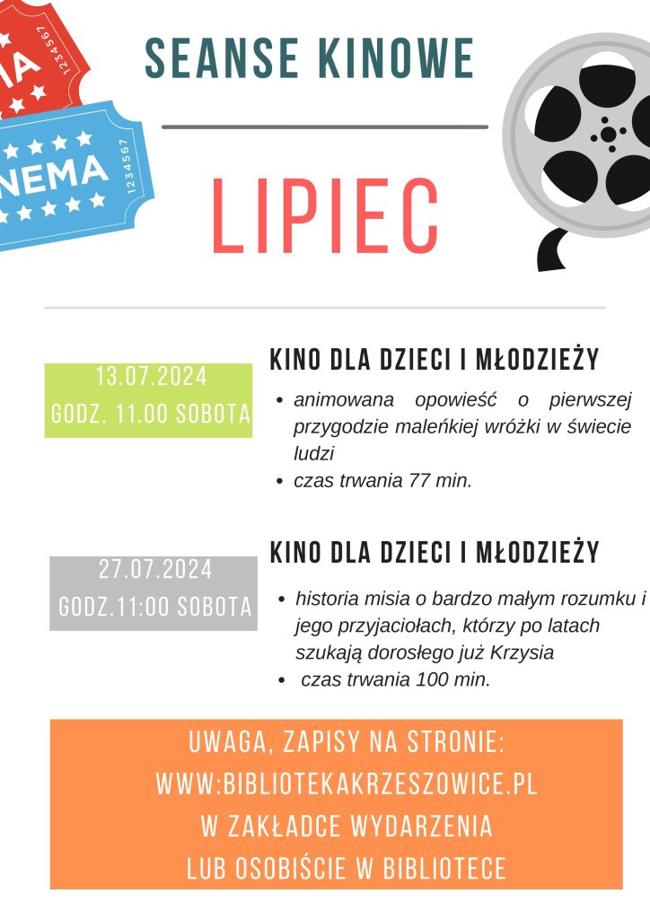 grafika przedstawia plakat z repertuarem filmowym na lipiec 2024