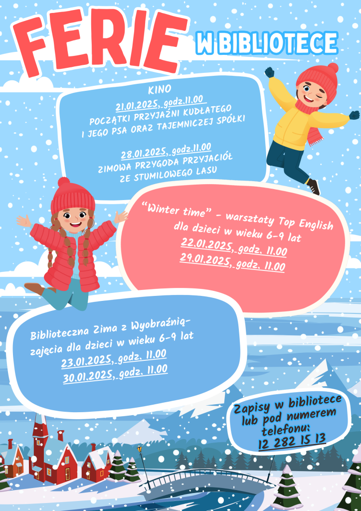 grafika przedstawia plakat ferii w bibliotece