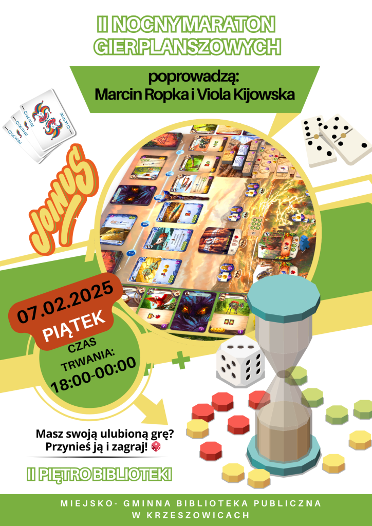 grafika przedstawia afisz Drugiego Nocnego Maratonu Gier Planszowych w bibliotece