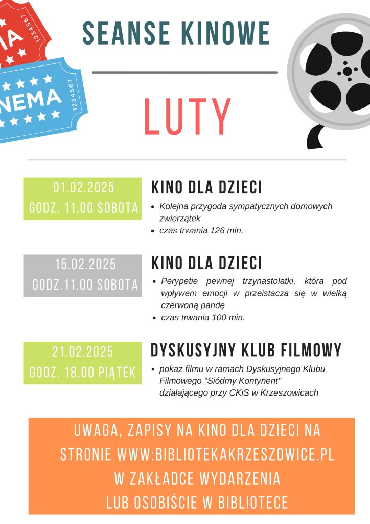 grafika przedstawia plakat z repertuarem filmowym na luty 2025