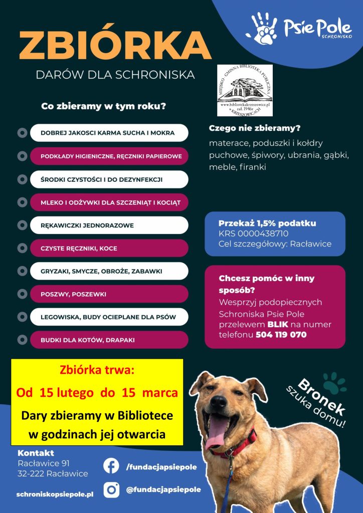 grafika przedstawia plakat zbiórki darów dla schroniska Psie Pole