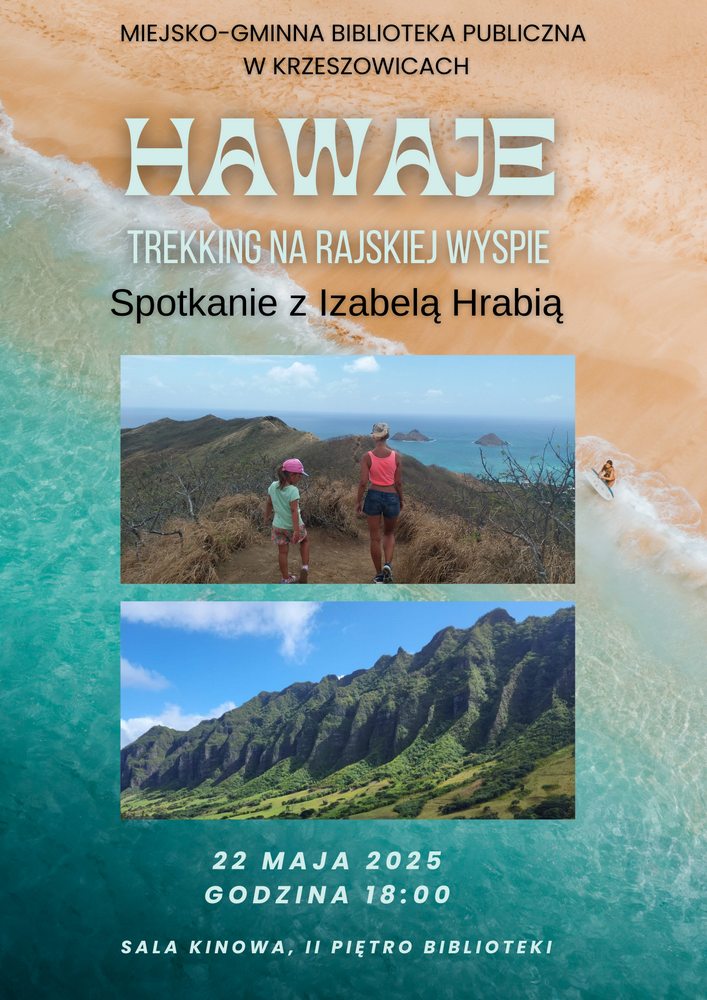 grafika przedstawia plakat spotkania „Hawaje - trekking na rajskiej wyspie”
