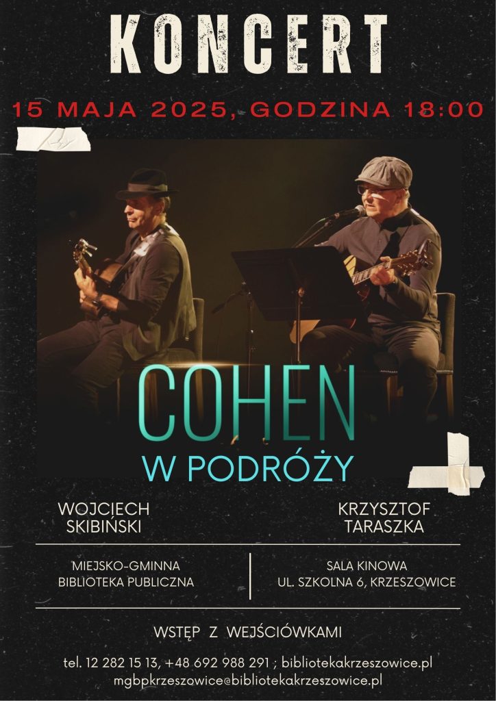 grafika przedstawia plakat koncertu piosenek Leonarda Cohena