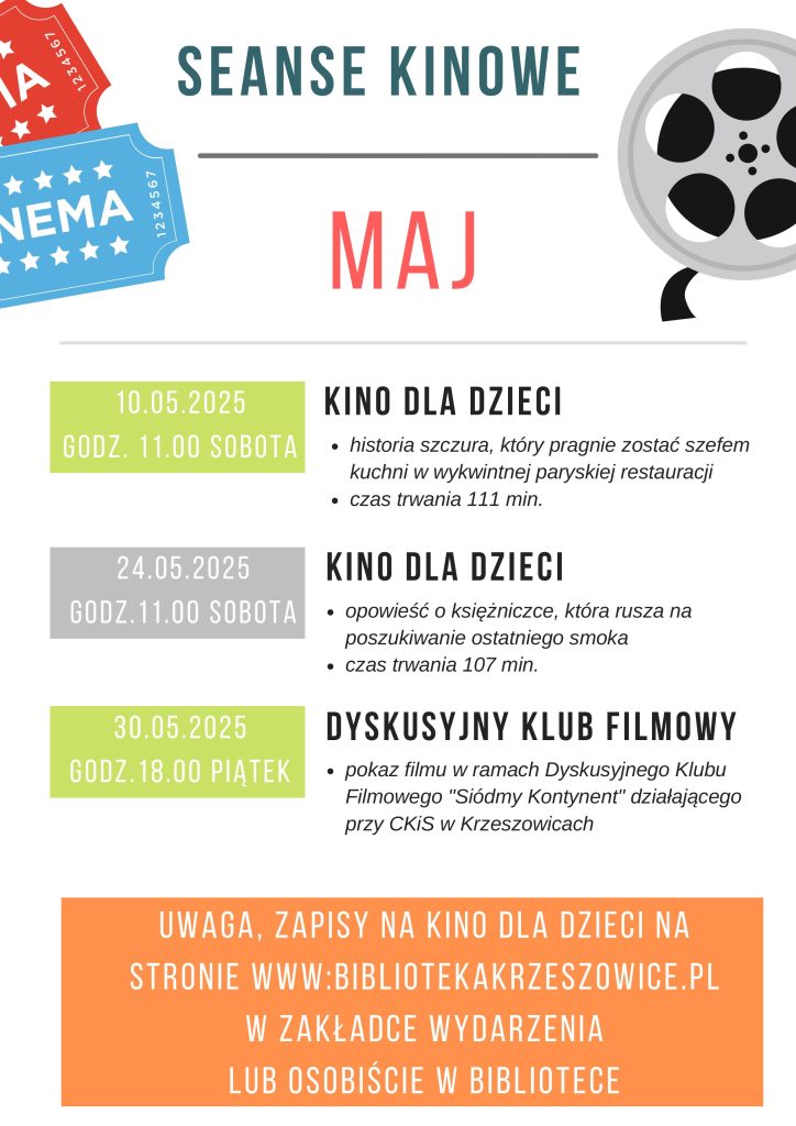 grafika przedstawia plakat z repertuarem filmowym na maj 2025