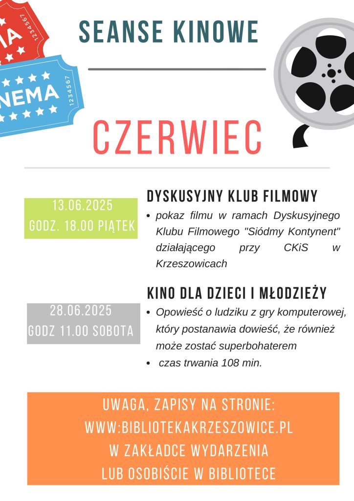 grafika przedstawia plakat z repertuarem filmowym na czerwiec 2025