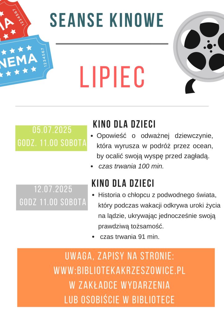 grafika przedstawia plakat z repertuarem filmowym na lipiec 2025