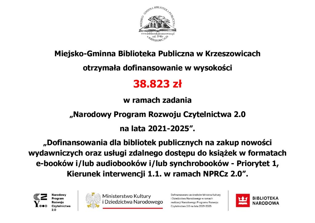 grafika przedstawia informację o dofinansowaniu biblioteki