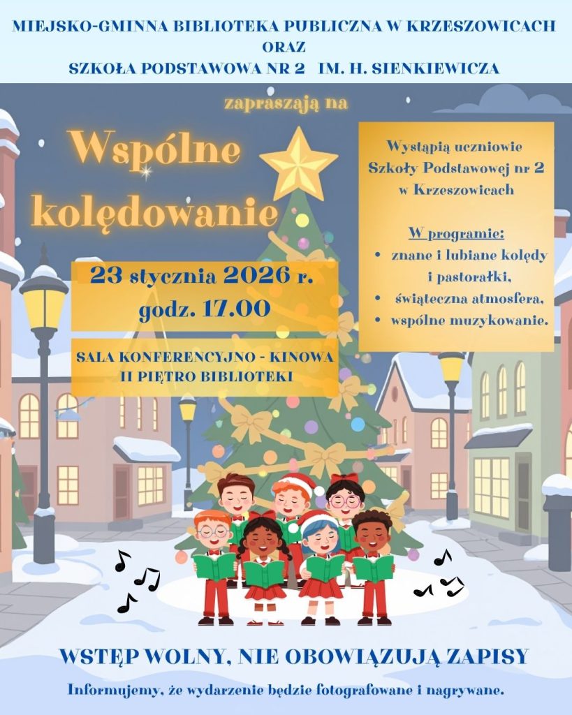 grafika przedstawia plakat wspólnego kolędowania w bibliotece