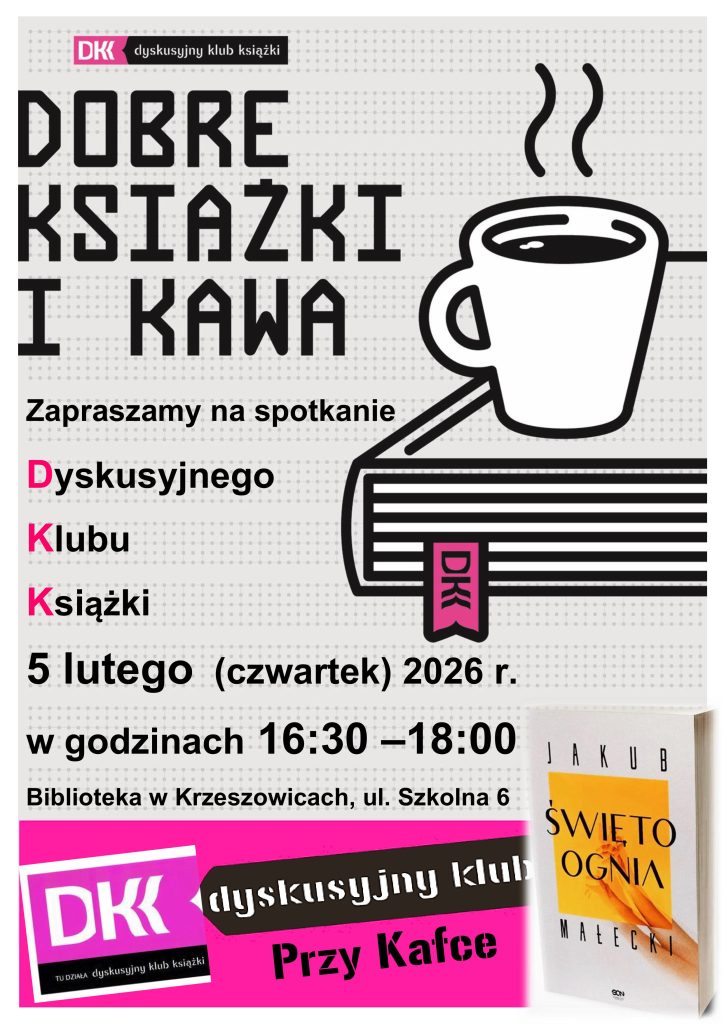 grafika przedstawia plakat lutowego spotkania Dyskusyjnego Klubu Książki