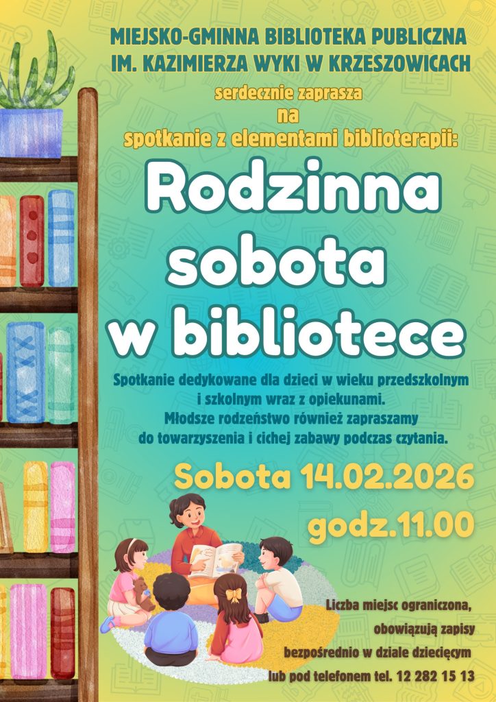 grafika przedstawia plakat Rodzinnej soboty w bibliotece