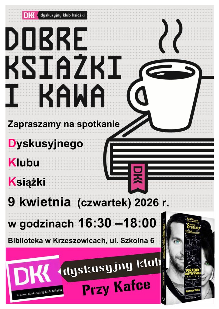 grafika przedstawia plakat kwietniowego spotkania Dyskusyjnego Klubu Książki