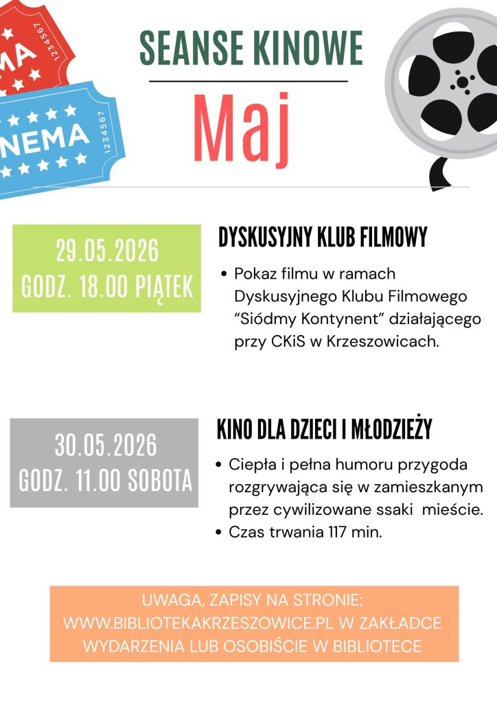 grafika przedstawia plakat z repertuarem filmowym na maj 2026
