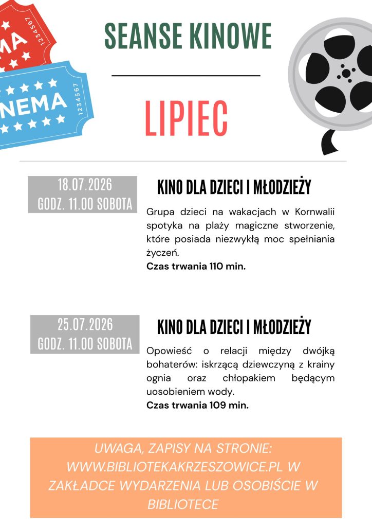 grafika przedstawia plakat z repertuarem filmowym na lipiec 2026