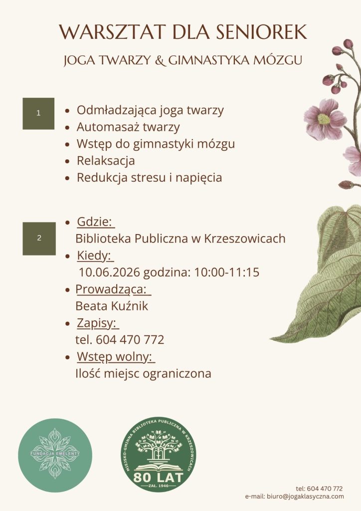 grafika przedstawia plakat spotkania „Joga Twarzy – warsztat dla Seniorek”
